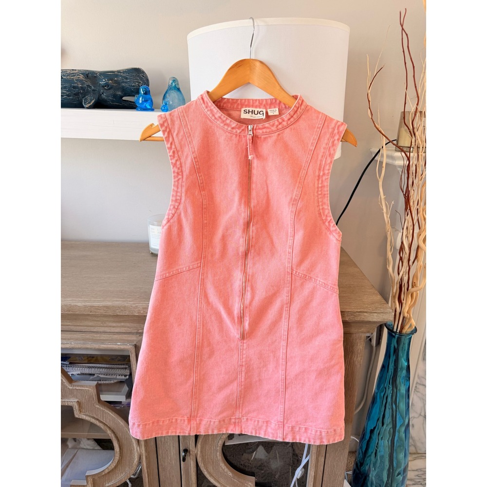 SHUG‎ Denim Mini Dress Women Pink Small Front Zip Mock Neck Sleeveless Shift